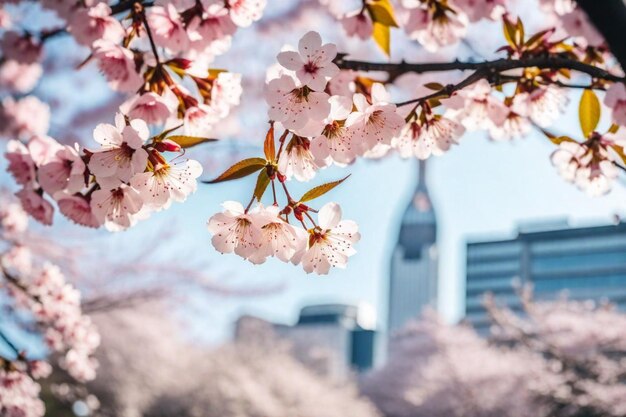 Las flores de cerezo están floreciendo en la ciudad.