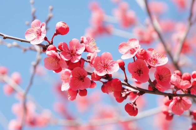 las flores de cerezo están floreciendo en una rama frente a un cielo azul