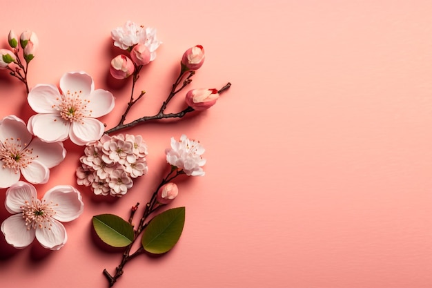 flores de cerezo en flor en un espacio de copia de fondo rosa