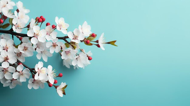 Foto las flores de cerezo en flor en una superficie azul pastel generativo ai