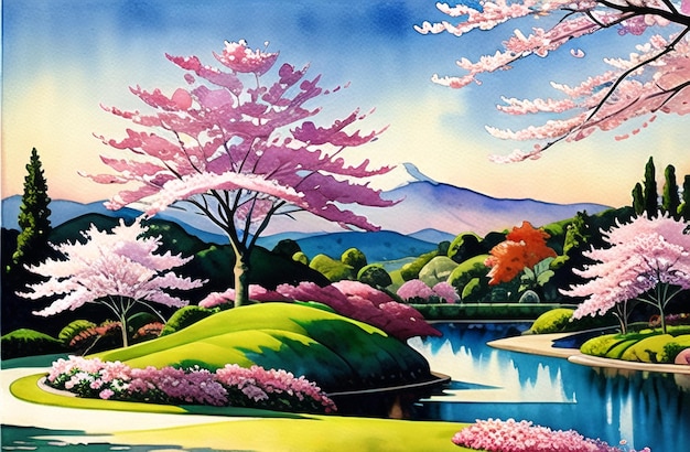 Flores de cerezo Flores rosadas Árboles de primavera Fantasía Ilustración Pintura ai generado Acuarela