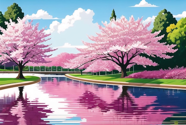 Flores de cerezo Flores rosadas Árboles de primavera Fantasía Ilustración Pintura ai generado Acuarela