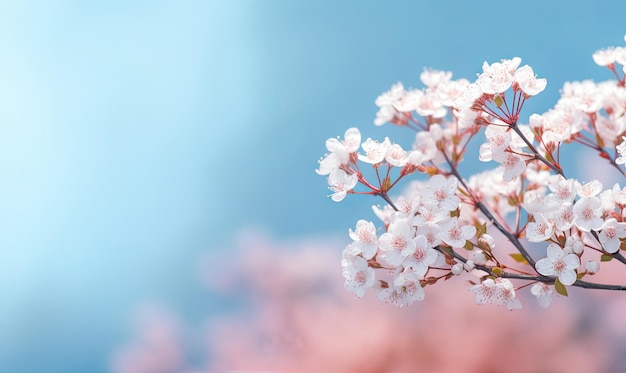 Flores de cerezo en el fondo del cielo primaveral Fondo de pantalla de flores de árboles frutales Para tarjeta de ilustración de libro de postal de banner Creado con herramientas generativas de IA