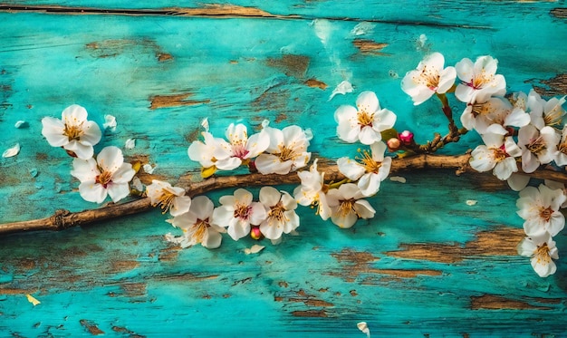 Flores de cerezo en el fondo de madera turquesa