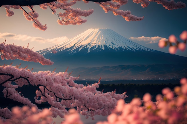 Flores de cerezo japonesas y la montaña Fuji en primavera