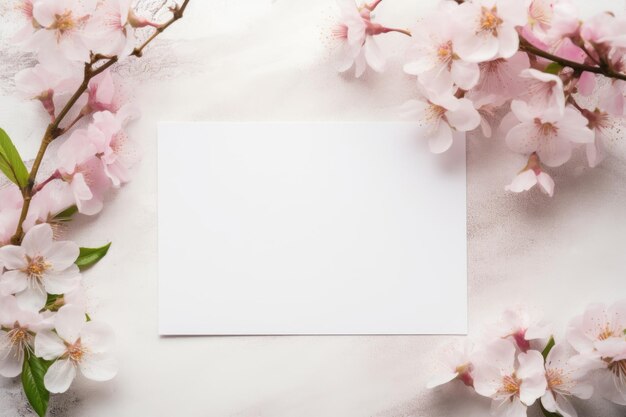 Flores de cerezo con una maqueta de tarjeta en blanco