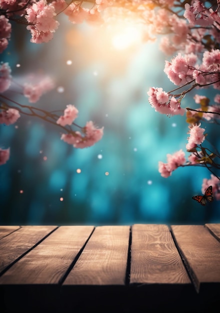 Flores de cerezo en una mesa de madera