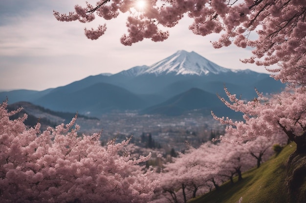 Flores de cerezo con la montaña como fondo