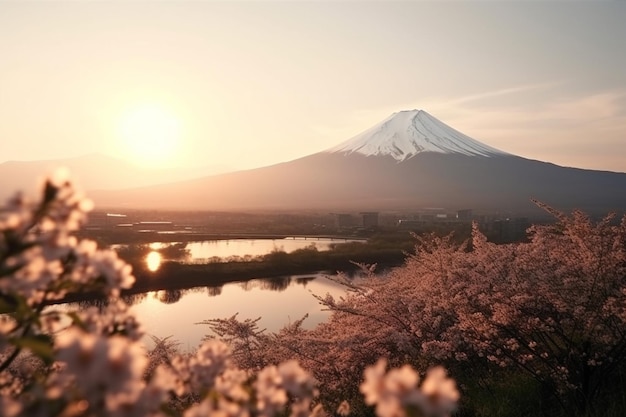 Las flores de cerezo y la montaña Fuji en primavera al amanecer Shizuoka en Japón