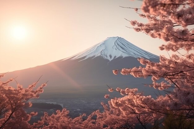 Foto las flores de cerezo y la montaña fuji en primavera al amanecer shizuoka en japón