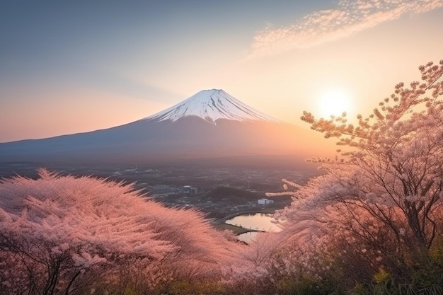 Foto las flores de cerezo y la montaña fuji en primavera al amanecer shizuoka en japón