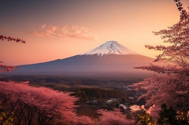 Foto las flores de cerezo y la montaña fuji en primavera al amanecer shizuoka en japón
