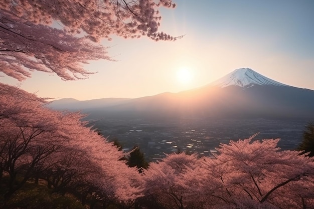 Las flores de cerezo y la montaña Fuji en primavera al amanecer Shizuoka en Japón