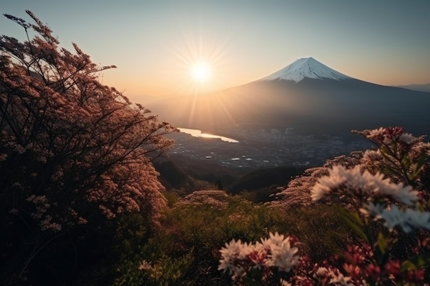 Foto las flores de cerezo y la montaña fuji en primavera al amanecer shizuoka en japón