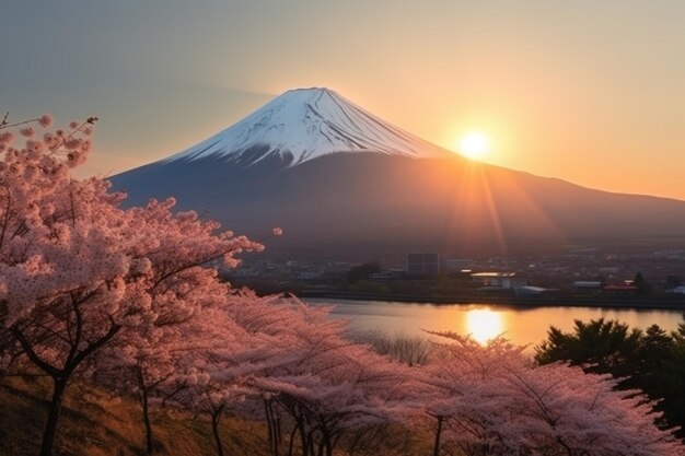 Foto las flores de cerezo y la montaña fuji en primavera al amanecer shizuoka en japón