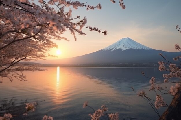 Foto las flores de cerezo y la montaña fuji en primavera al amanecer shizuoka en japón