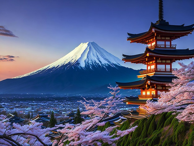 Flores de cerezo en la pagoda de chureito de primavera y la montaña fuji al atardecer en japón