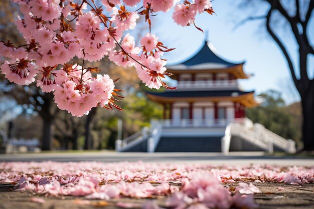 Flores de cerezo con una pagoda tradicional en el fondo