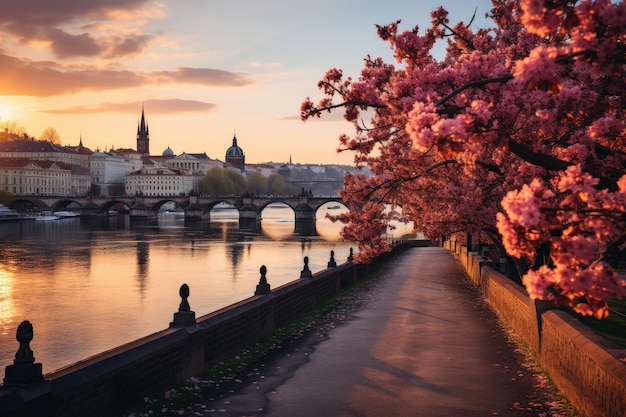 Las flores de cerezo en Praga capturan la belleza de las nubes rosadas al amanecer y un jardín en flor