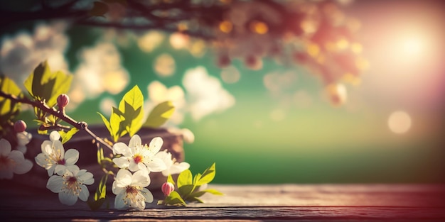 Flores de cerezo de primavera en una mesa de madera en un jardín verde con luces Bokeh y espacio de copia con efecto de bengala