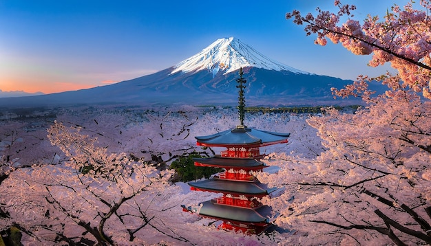 Foto flores de cerezo en primavera pagoda chureito y montaña fuji al atardecer en japón 2