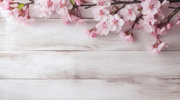 Flores de cerezo rosa sobre fondo blanco de madera