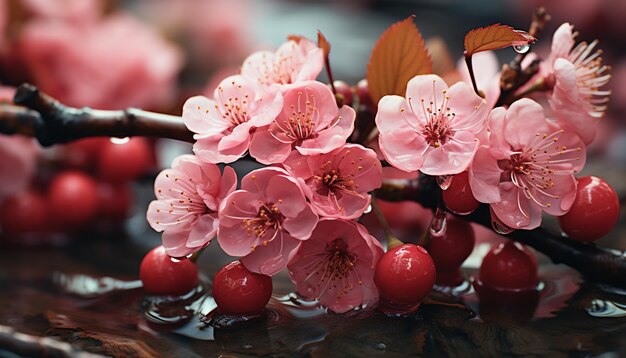 Flores de cerezo rosadas frescas decoran la rama verde en primavera generada por inteligencia artificial