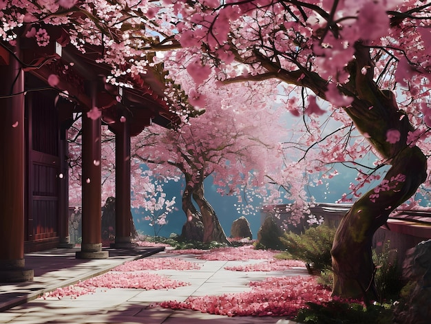 Flores de cerezo rosadas en un jardín japonés en primavera