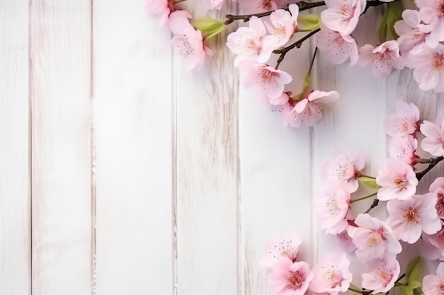 Flores de cerezo rosas sobre un fondo de madera blanca.