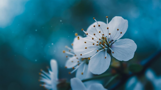 Flores de cerezo sobre un fondo azul en macro