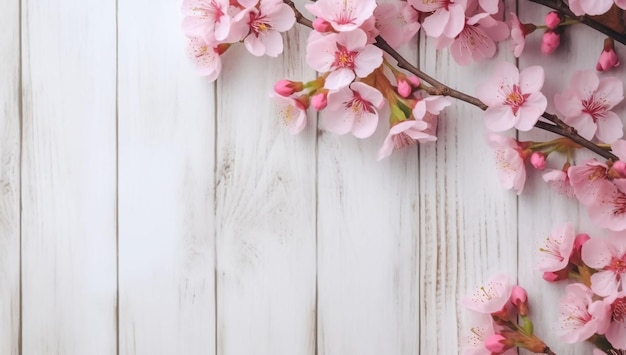 Flores de cerezo sobre un fondo de madera blanca