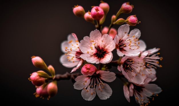 Flores de cerezo sobre fondo negro borroso Tema de primavera