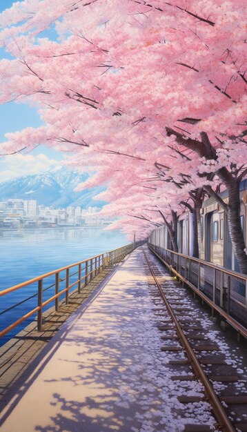 Flores de cerezo y tren en la estación de Kawaguchiko en Japón