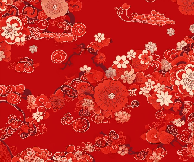 Flores chinas en tono rojo fresco con dibujo de línea tradicional sobre fondo rojo GenerativeAI