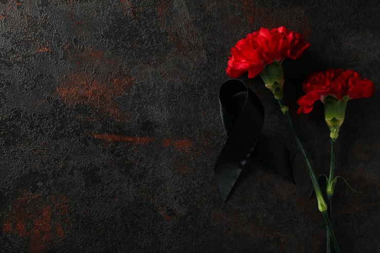 Flores y cinta negra sobre fondo oscuro espacio para texto