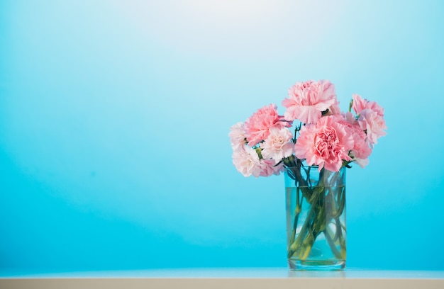 Flores de clavel en pared azul