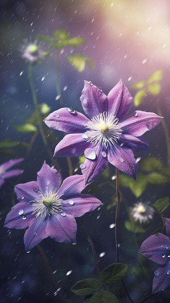 Flores de clemátide florecientes con gotas de agua Fondo de primer plano Fondo de pantalla de primavera Ai generado