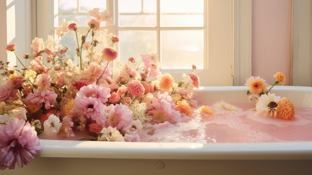 Foto flores colocadas na banheira em um banheiro brilhante