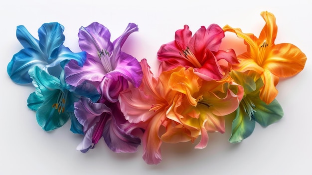 Flores de color arco iris que forman un corazón representadas en una ilustración digital aisladas contra un fondo blanco puro Esta obra de arte transmite un mensaje de amor, inclusión, IA generativa