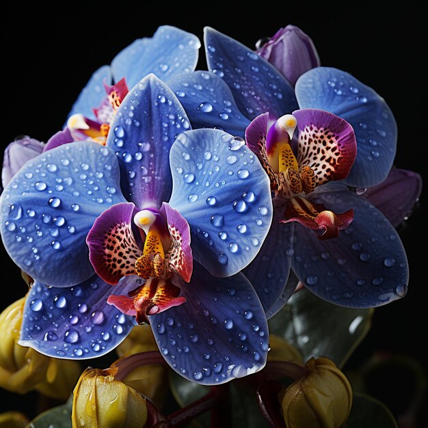 flores de color púrpura y azul con gotas de agua sobre ellas ai generativo