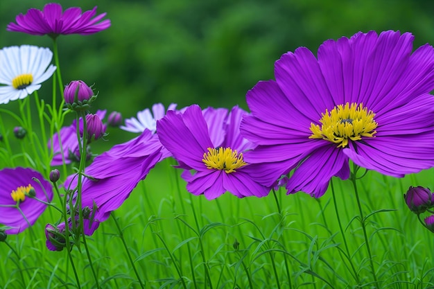 Flores de color púrpura en un campo con un fondo verde