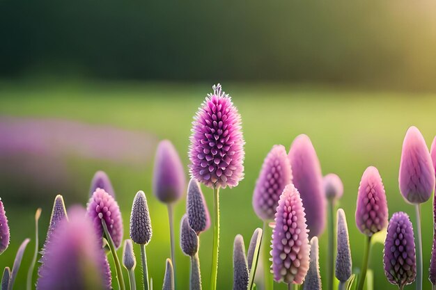 flores de color púrpura en un campo con el sol detrás de ellas