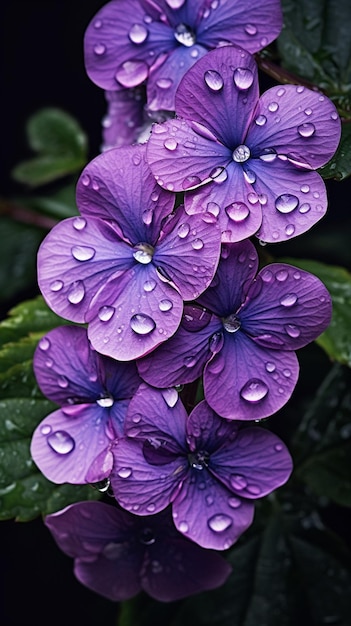 flores de color púrpura con gotas de agua están en la oscuridad ai generativa