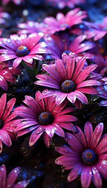 Foto flores de color púrpura con gotas de agua sobre ellas en un jardín ai generativo