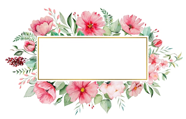 Flores de color rosa acuarela y tarjeta de marco de hojas verdes, ilustración en colores pastel romántica con fondo de acuarela
