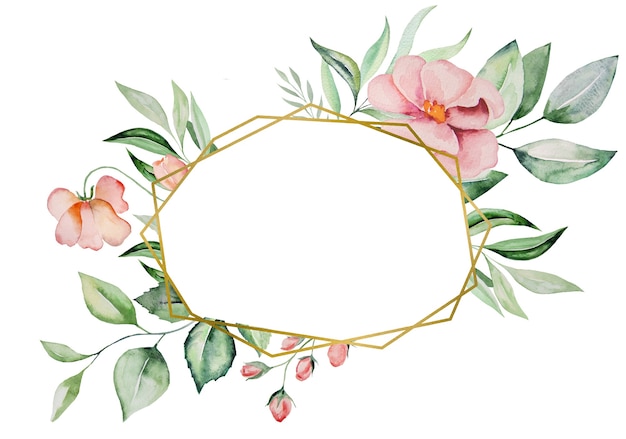 Flores de color rosa acuarela y tarjeta de marco de hojas verdes, romántica ilustración en colores pastel con fondo de acuarela. Para papelería de boda, saludos, fondos de pantalla, moda, carteles.