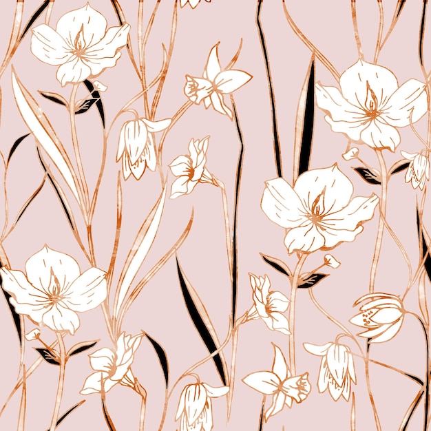 Flores de color rosa dorado Patrón decorativo sin costuras Fondo repetido Impresión de papel tapiz enlosable