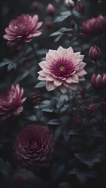 Flores de color rosa malhumorado oscuro en un ambiente sombrío al aire libre