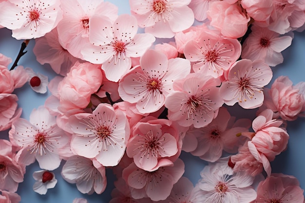 Flores de color rosa sobre un fondo azul