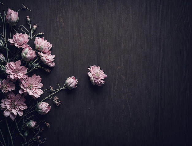 Flores de color rosa sobre un fondo negro con un fondo negro